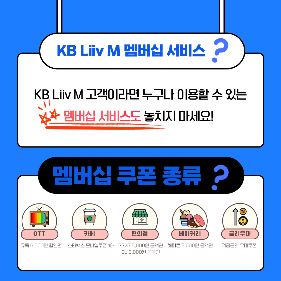 KB Liiv M 멤버십 서비스 ? KB Liiv M 고객이라면 누구나 이용할 수 있는 멤버십 서비스도 놓치지 마세요! 멤버십 쿠폰 종류 ? OTT(유독 6,000원 할인권) / 카페(스타벅스 모바일쿠폰 1매) / 편의점(GS25 5,000원 금액권 CU 5,000원 금액권) / 베이커리(해피콘 5,000원 금액권) / 금리우대(적금금리 우대쿠폰)