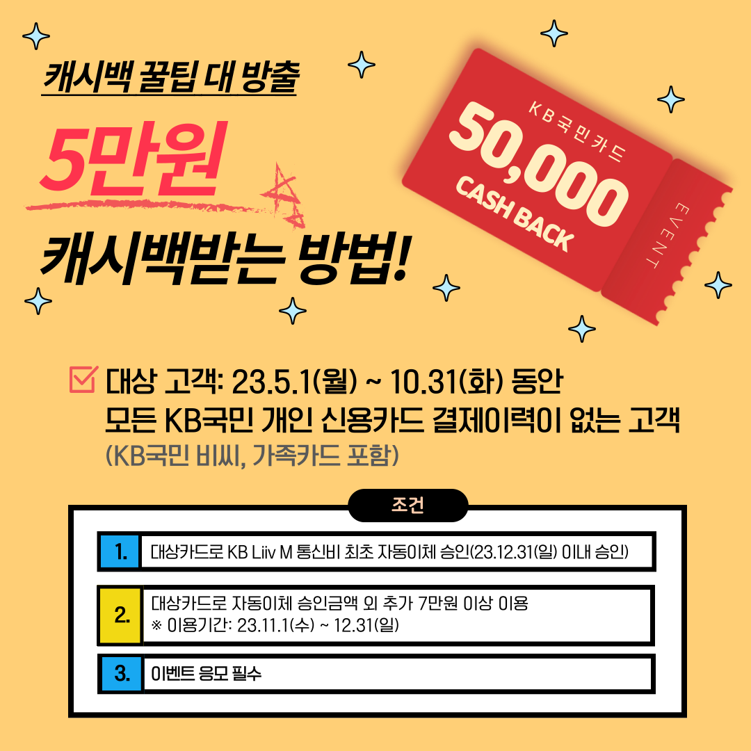 캐시백 꿀팁 대 방출 5만원 캐시백받는 방법! ▣ 대상 고객: 23.5.1(월) ~ 10.31(화) 동안 모든 KB국민 개인 신용카드 결제이력이 없는 고객 (KB국민 비씨, 가족카드 포함) 조건 1. 대상카드로 KB Liiv M 통신비 최초 자동이체 승인(23.12.31(일) 이내 승인) 2. 대상카드로 자동이체 승인금액 외 추가 7만원 이상 이용 ※이용기간: 23.11.1(수) ~ 12.31(일) 3. 이벤트 응모 필수