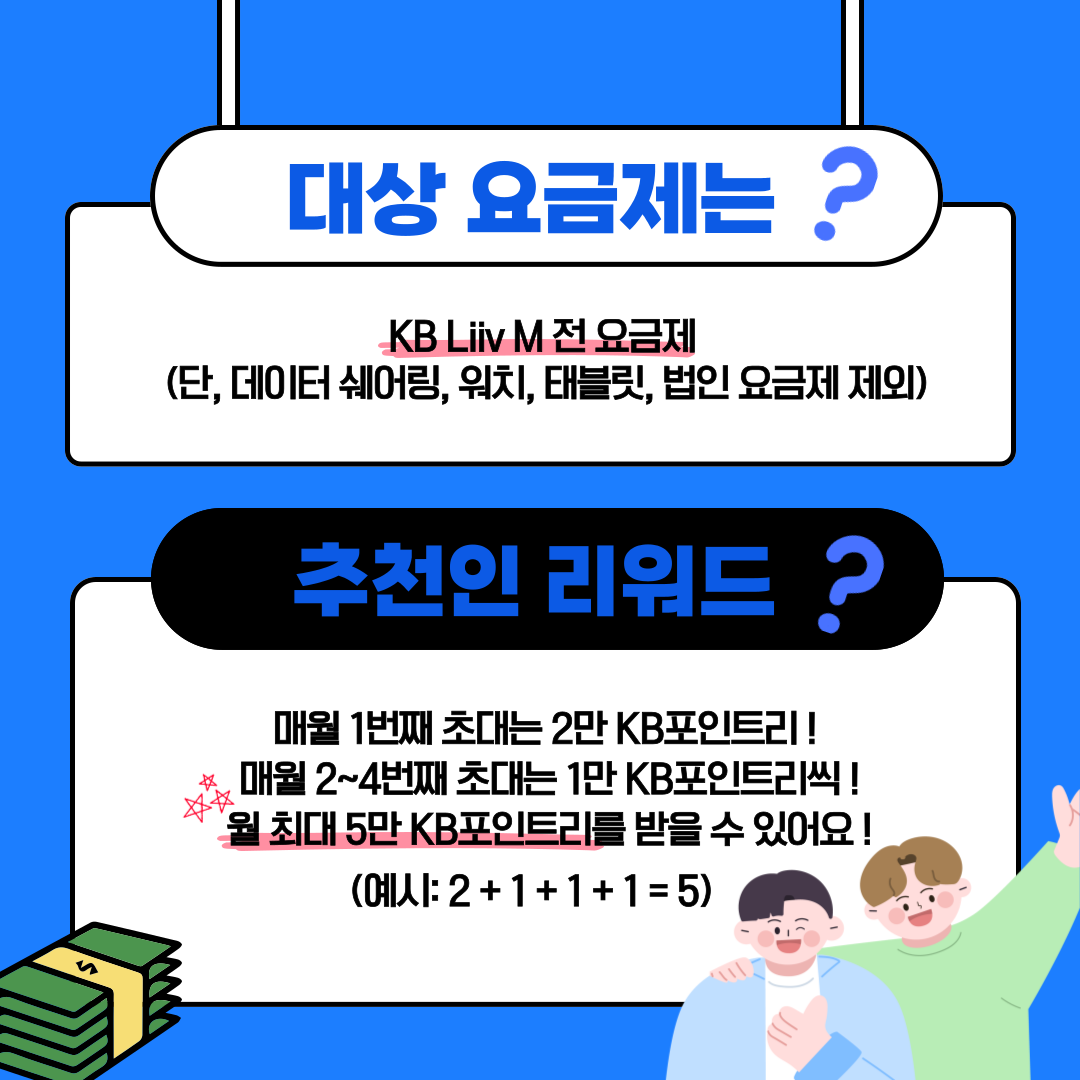 대상 요금제는 ? KB Liiv M 전 요금제 (단, 데이터 쉐어링, 워치, 태블릿, 법인 요금제 제외) 추천인 리워드 ? 매월 1번째 초대는 2만 KB포인트리 ! 매월 2~4번째 초대는 1만 KB포인트리씩 ! 월 최대 5만 KB포인트리를 받을 수 있어요 ! (예시: 2 + 1 + 1 + 1 =5)