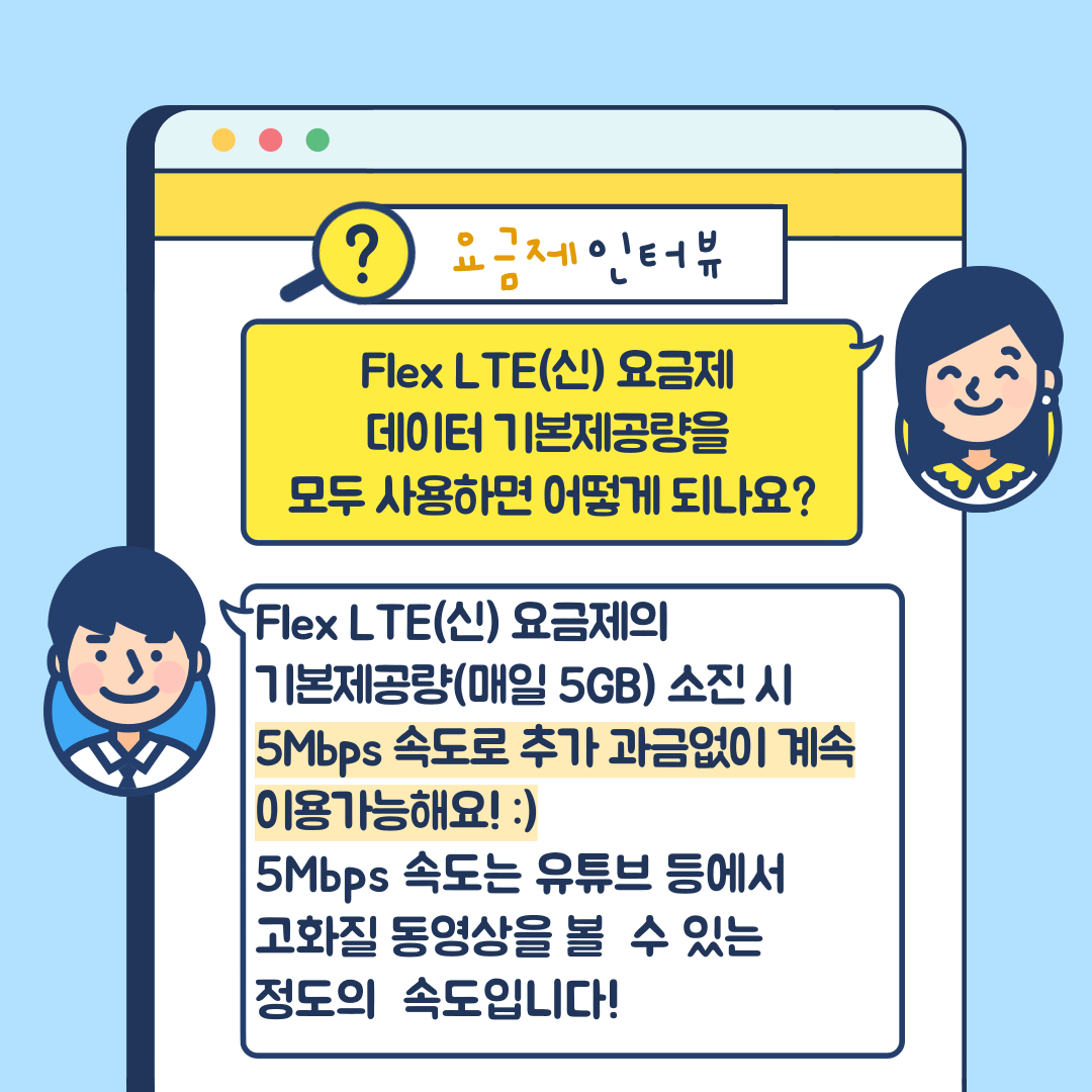 요금제 인터뷰 Flex LTE(신) 요금제 데이터 기본제공량을 모두 사용하면 어떻게 되나요? Flex LTE(신) 요금제의 기본제공량(매일 5GB) 소진 시 5Mbps 속도로 추가 과금없이 계속 이용가능해요! 5Mbps 속도는 유튜브 등에서 고화질 동영상을 볼 수 있는 정도의 속도입니다!