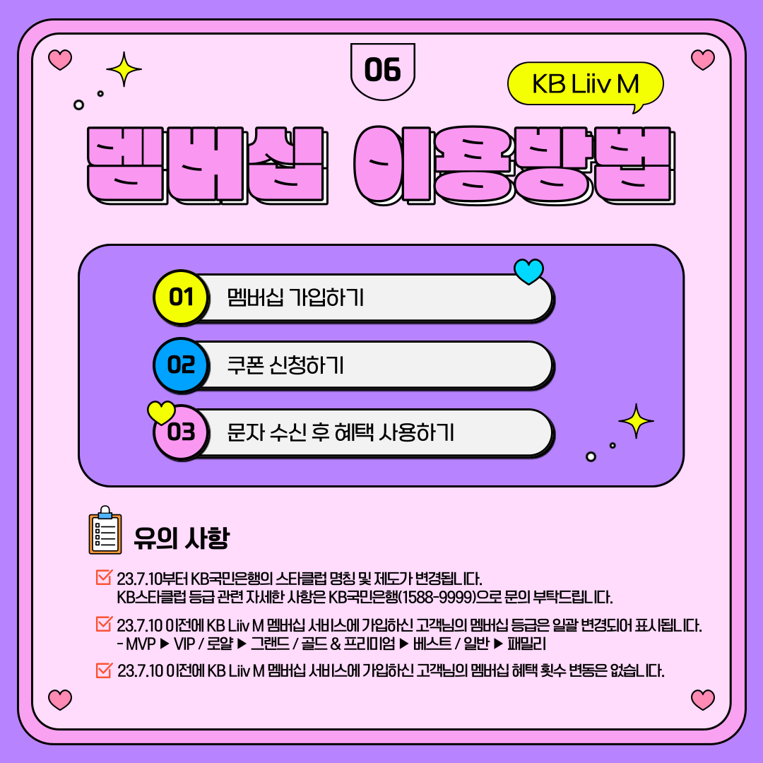 멤버십 이용방법 ①	멤버십 가입하기 ②	쿠폰 신청하기 ③	문자 수신 후 혜택 사용하기 유의사항 23.7.10부터 KB국민은행의 스타클럽 명칭 및 제도가 변경됩니다. KB스타클럽 등급 관련 자세한 사항은 KB국민은행(1588-9999)으로 문의 부탁드립니다. 23.7.10 이전에 KB Liiv M 멤버십 서비스에 가입하신 고객님의 멤버십 등급은 일괄 변경되어 표시됩니다. - MVP ▶ VIP / 로먈 ▶ 그랜드 / 골드 & 프리미엄 ▶ 베스트 / 일반 ▶ 패밀리 23.7.10 이전에 KB Liiv M 멤버십 서비스에 가입하신 고객님의 멤버십 혜택 횟수 변동은 없습 니다.