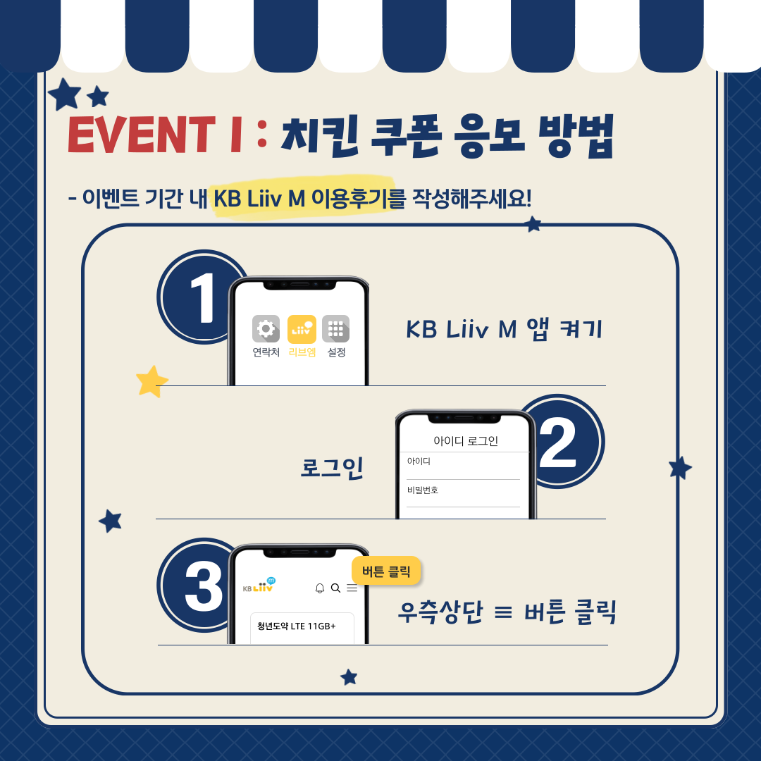 EVENT 1 : 치킨 쿠폰 응모 방법 ① -이벤트 기간 내 KB Liiv M 이용후기를 작성해주세요! ① KB Liiv M 앱 켜기 ② 로그인 ③ 우측상단 ≡ 버튼클릭 