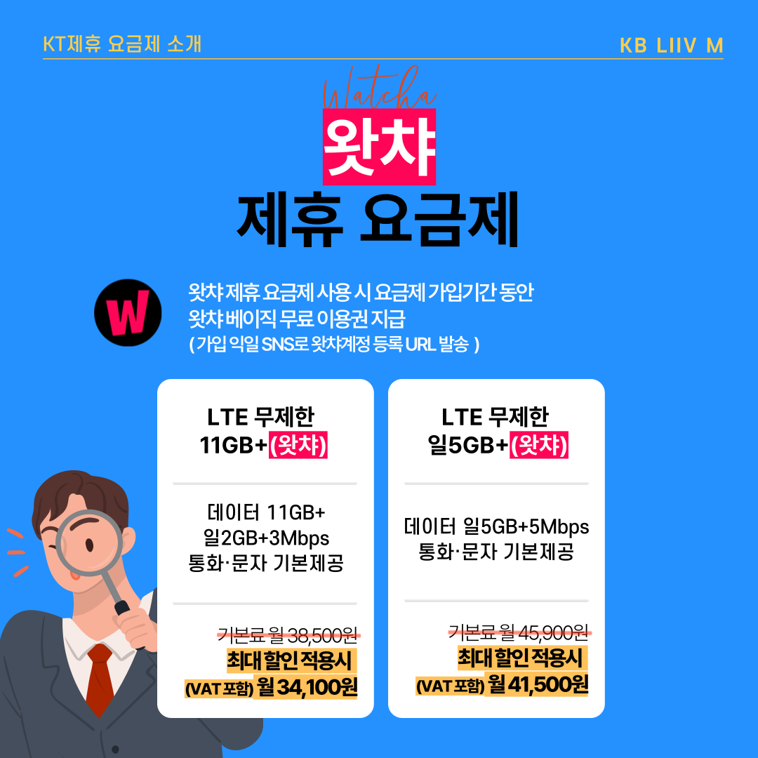왓챠 제휴 요금제 왓챠 제휴 요금제 사용시 가입기간 동안 왓챠 베이직 무료 이용권 지급 (가입 익일 SNS로 왓챠계정 등록 URL 발송) LTE 무제한 11GB+(왓챠) 데이터 11GB+일2GB+3Mbps 통화,문자 기본제공 기본료 월 38,500원 최대 할인 적용시 (VAT포함) 월 34,100원 LTE 무제한 일 5GB+(왓챠) 데이터 일5GB+5Mbps 통화, 문자 기본제공 기본료 월 45,900원 최대 할인 적용시 (VAT포함) 월 41,500원