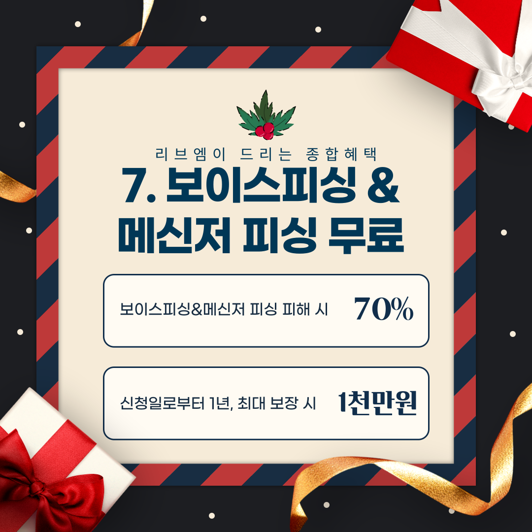 7. 보이스피싱 & 메신저 피싱 무료 보이스피싱&메신저 피싱 피해 시 70% 신청일로부터 1년, 최대 보장 시 1천만원