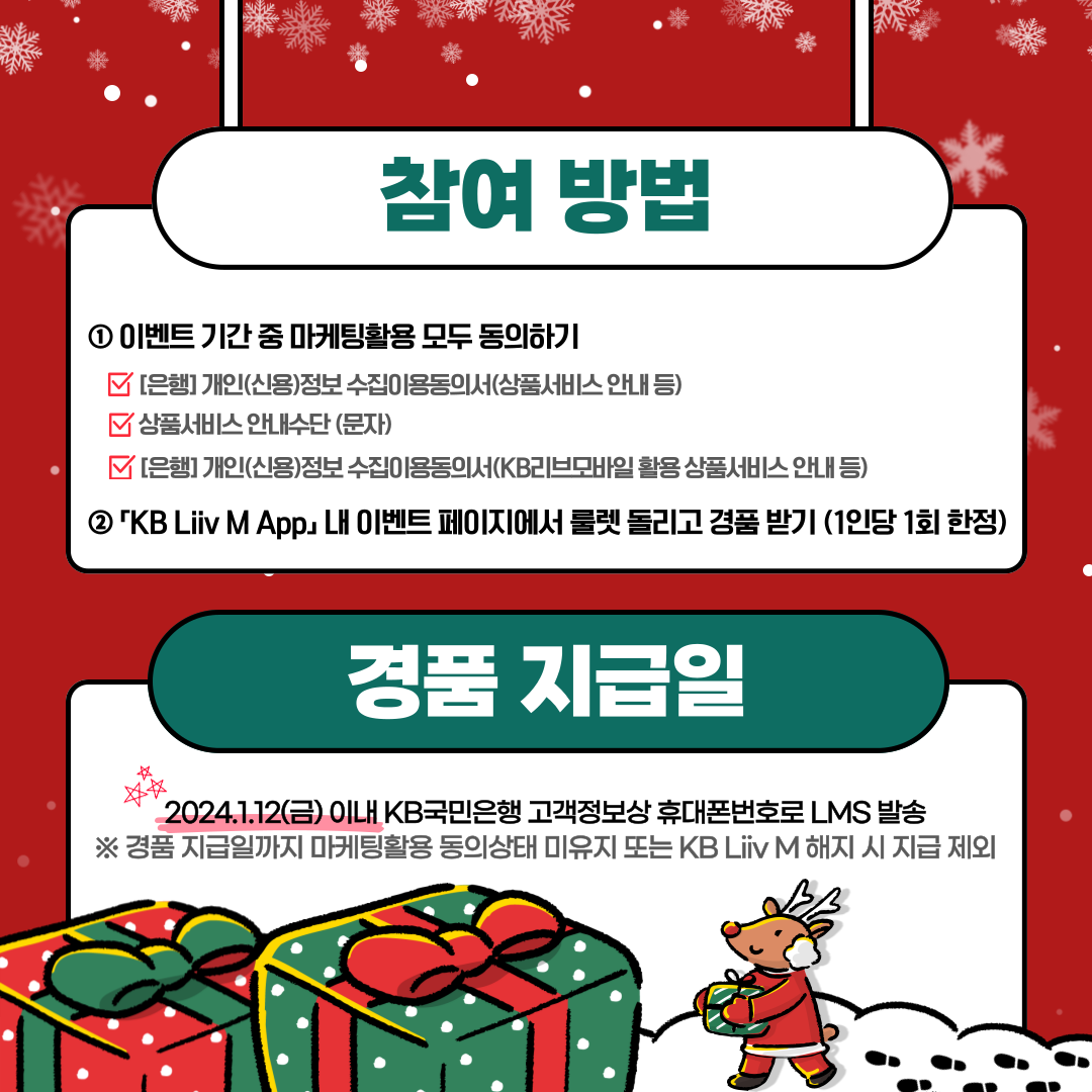 참여 방법 및 경품 지급일 참여 방법 ①	이벤트 기간 중 마케팅활용 모두 동의하기 ▣ [은행] 개인(신용)정보 수집이용동의서(상품서비스 안내 등) ▣ 상품서비스 안내수단 (문자) ▣ [은행] 개인(신용)정보 수집이용동의서(KB리브모바일 활용 상품서비스 안내 등) ②「KB리브모바일 App」 내 이벤트 페이지에서 룰렛 돌리고 경품 받기 (1인당 1회 한정) 경품 지급일: 2024.1.12(금) 이내 KB국민은행 고객정보상 휴대폰번호로 LMS 발송 ※ 경품 지급일까지 마케팅활용 동의상태 미유지 또는 KB리브모바일 해지 시 지급 제외