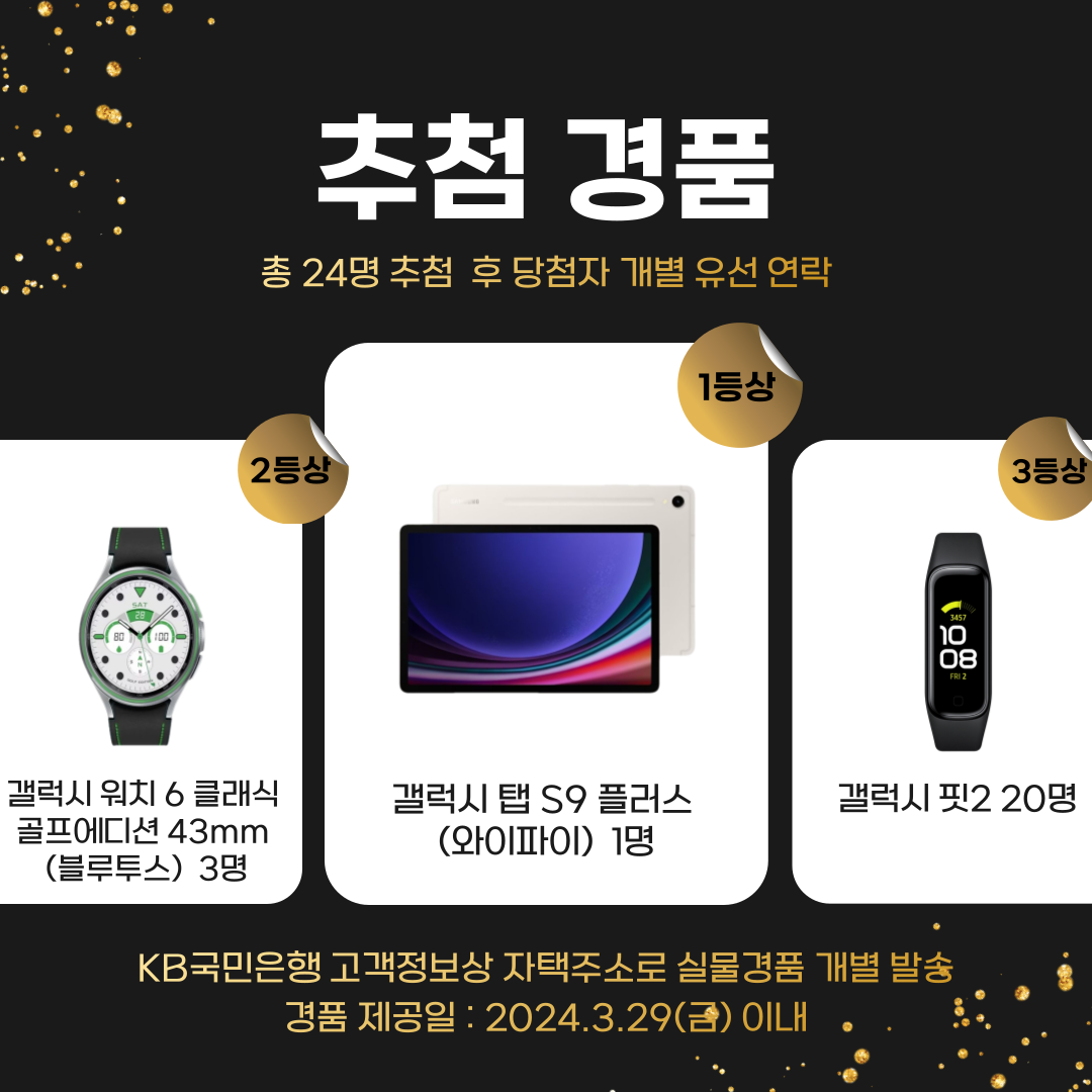 추첨 경품 총 24명 추첨 후 당첨자 개별 유선 연락 1등상 : 갤럭시 탭 S9 플러스(와이파이) 1명 2등상 : 갤럭시 워치 6 클래식 골프에디션 43mm(블루투스) 3명 3등상 : 갤럭시 핏2 20명 KB국민은행 고객정보상 자택주소로 실물경품 개별 발송 경품 제공일 : 2024.3.29(금) 이내
