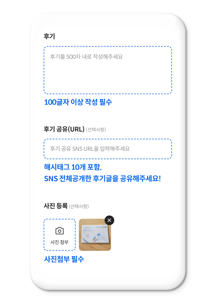 후기 작성하기 화면 안내, 후기를 500자 내로 작성해 주세요. 100글자 이상 작성 필수, 후기 공유(URL)(선택사항) 해시태그 10개 포함, SNS 전체공개한 후기글을 공유해주세요!, 사진등록(선택사항) 사진 첨부 필수