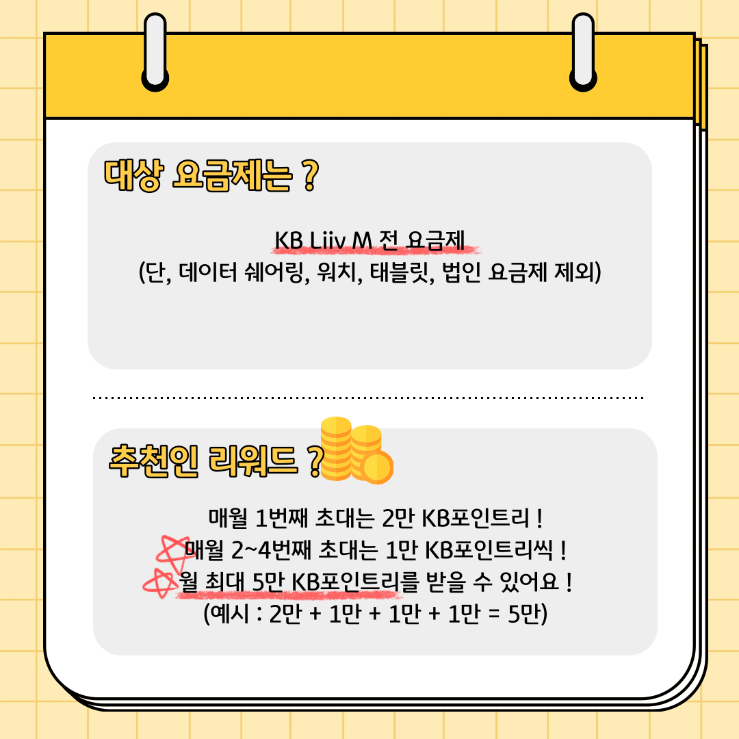 대상 요금제는? KB Liiv M 전 요금제(단, 데이터 쉐어링, 워치, 태블릿, 법인 요금제 제외) 추천인 리워드? 매월 1번째 초대는 2만 KB포인트리! 매월 2~4번째 초대는 1만 KB포인트리씩 ! 월 최대 5만 KB포인트리를 받을 수 있어요! (예시 : 2만 + 1만 + 1만 + 1만 = 5만)