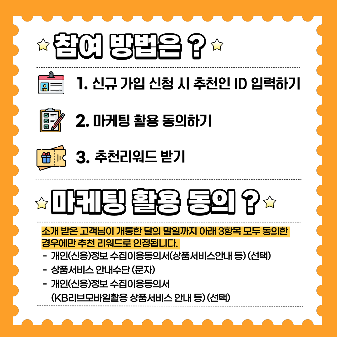 참여 방법은? ① 신규 가입 신청 시 추천인 ID 입력하기 ② 마케팅 활용 동의하기 ③ 추천리워드 받기 마케팅 활용 동의? 소개 받은 고객님이 개통한 달의 말일까지 아래 3항목 모두 동의한 경우에만 추천 리워드로 인정됩니다. -  개인(신용)정보 수집이용동의서(상품서비스안내 등)(선택) -  상품서비스 안내수단 (문자) -  개인(신용)정보 수집이용동의서 (KB리브모바일활용 상품서비스 안내 등)(선택)