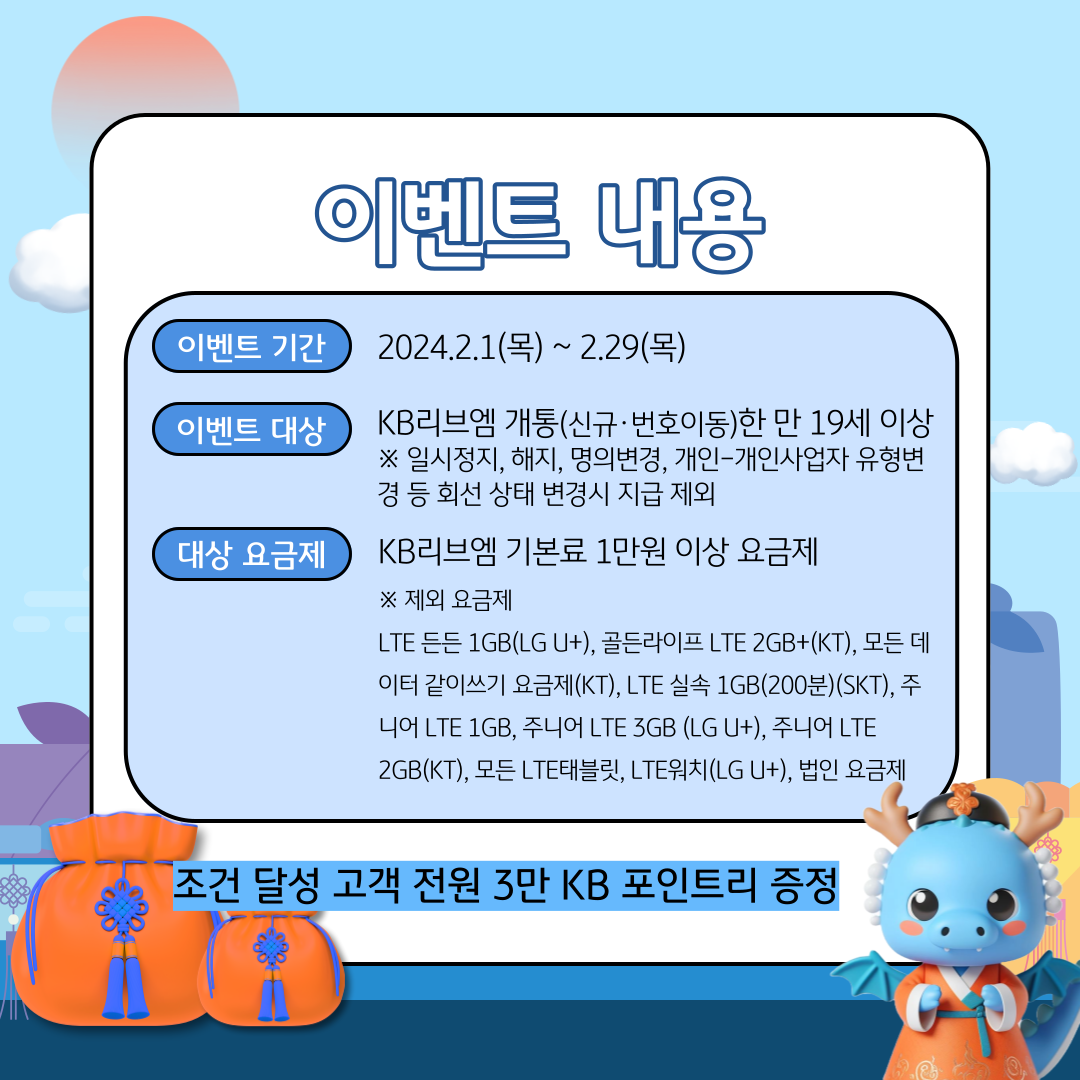 이벤트 내용 이벤트 기간 : 2024.2.1(목) ~ 2.29(목) 이벤트 대상 : KB리브엠 개통(신규·번호이동)한 만 19세 이상 ※ 일시정지, 해지, 명의변경, 개인-개인사업자 유형변경 등 회선 상태 변경시 지급 제외 대상 요금제 : KB리브엠 기본료 1만원 이상 요금제 ※제외 요금제 LTE 든든 1GB(LG U+), 골든라이프 LTE 2GB+(KT), 모든 데이터 같이쓰기 요금제(KT), LTE 실속 1GB(200분)(SKT), 주니어 LTE 1GB, 주니어 LTE 3GB (LG U+), 주니어 LTE 2GB(KT), 모든 LTE태블릿, LTE워치(LG U+), 법인 요금제 조건 달성 고객 전원 3만 KB 포인트리 증정