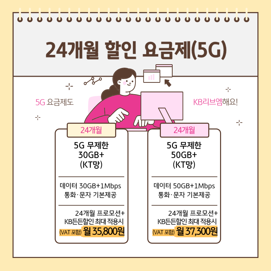 24개월 할인 요금제(5G) 5G 요금제도 KB리브엠해요! [24개월] 5G 무제한 30GB+(KT망) 데이터 30GB+1Mbps 통화,문자 기본제공 24개월 프로모션+KB든든할인 최대 적용시 (VAT포함) 월 35,800원 [24개월] 5G 무제한 50GB+(KT망) 데이터 50GB+1Mbps 통화,문자 기본제공 24개월 프로모션+KB든든할인 최대 적용시 (VAT포함) 월 37,300원