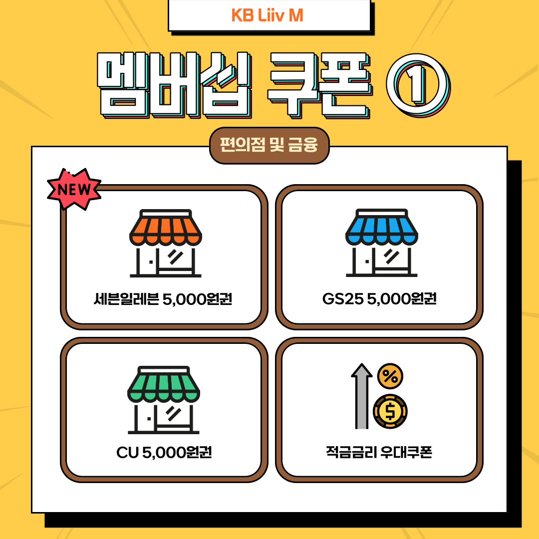 멤버십 쿠폰 ① 편의점 및 금융 New 세븐일레븐 5,000원권 / GS25 5,000원권 / CU 5,000원권 / 적금금리 우대쿠폰