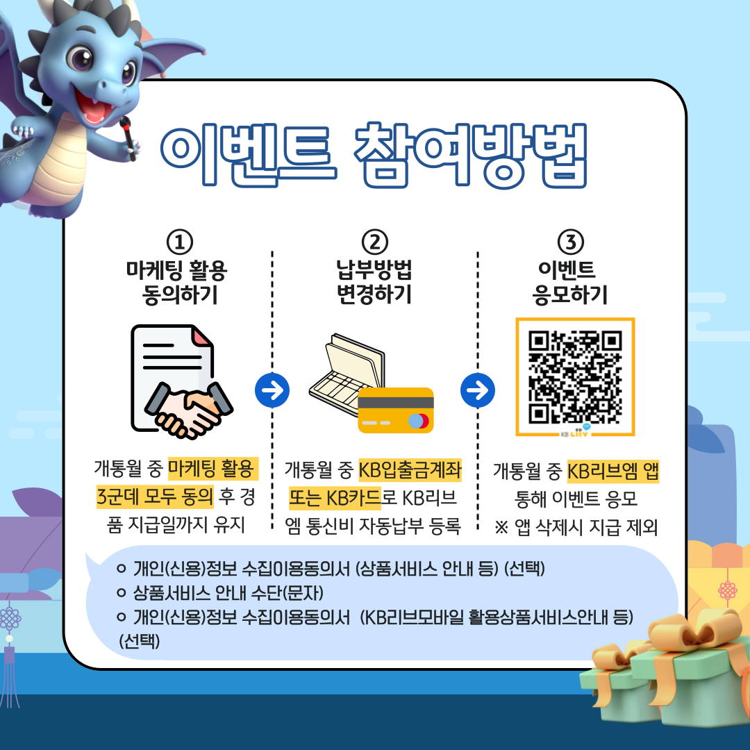 이벤트 참여방법 ① 마케팅 활용 동의하기 개통월 중 마케팅 활용 3군데 모두 동의 후 경품 지급일까지 유지 ② 납부방법 변경하기 개통월 중 KB입출금계좌 또는 KB카드로 KB리브엠 통신비 자동납부 등록 ③ 이벤트 응모하기 개통월 중 KB리브엠 앱 통해 이벤트 응모 ※앱 삭제시 지급 제외 개인(신용)정보 수집이용동의서 (상품서비스 안내 등) (선택) 상품서비스 안내수단(문자) 개인(신용)정보 수집이용동의서 (KB리브모바일 활용상품서비스안내 등) (선택)