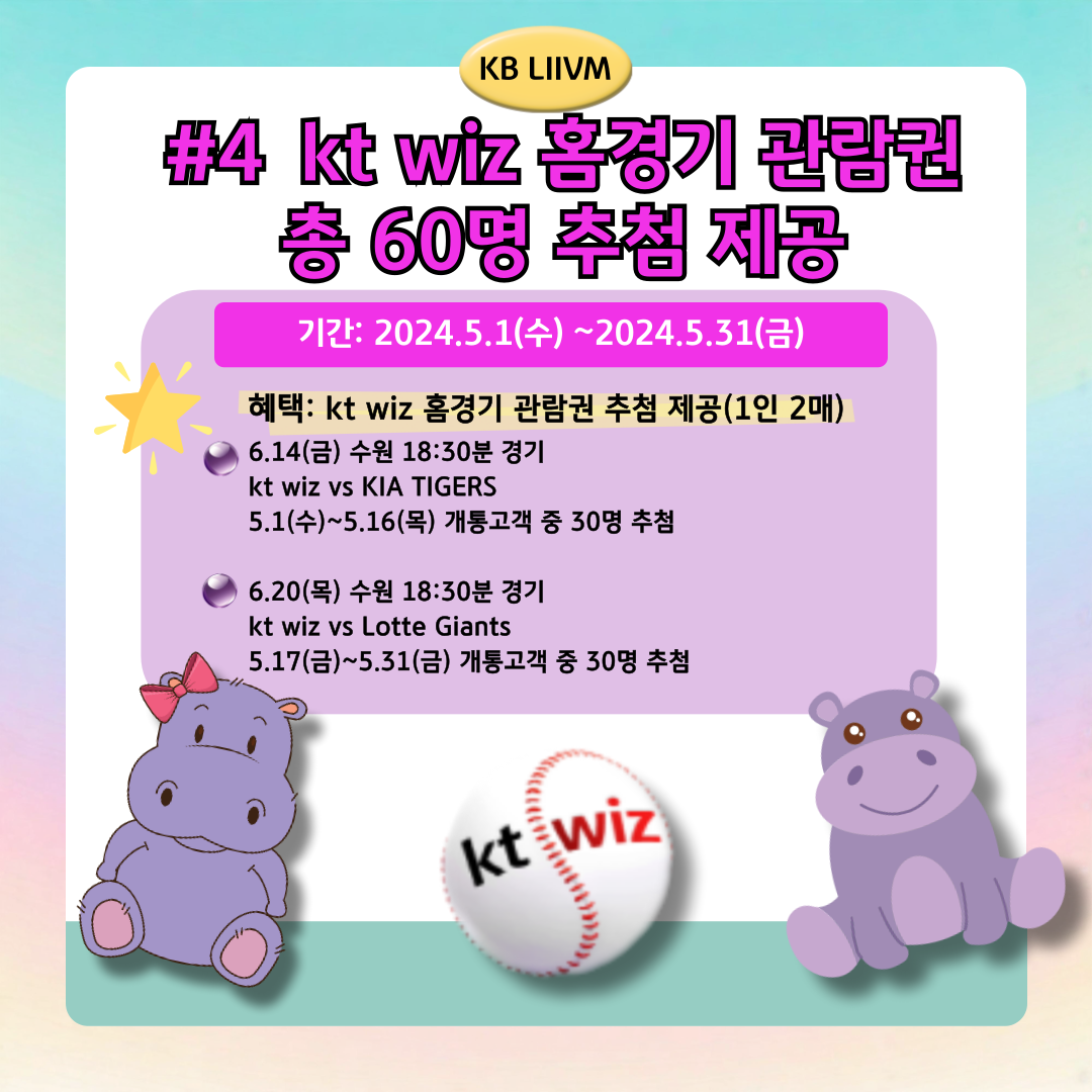 KB LIIVM / #4 kt wiz 홈경기 관람권 총 60명 추첨 제공 / 기간: 2024.5.1(수)~2024.5.31(금) / 혜택: kt wiz 홈경기 관람권 추첨 제공(1인 2매) / 6.14(금) 수원 18:30분 경기 kt wiz vs KIA TIGERS 5.1(수)~5.16(목) 개통고객 중 30명 추첨 6.20(목) 수원 18:30분 경기 kt wiz vs Lotte Giants 5.17(금)~5.31(금) 개통고객 중 30명 추첨