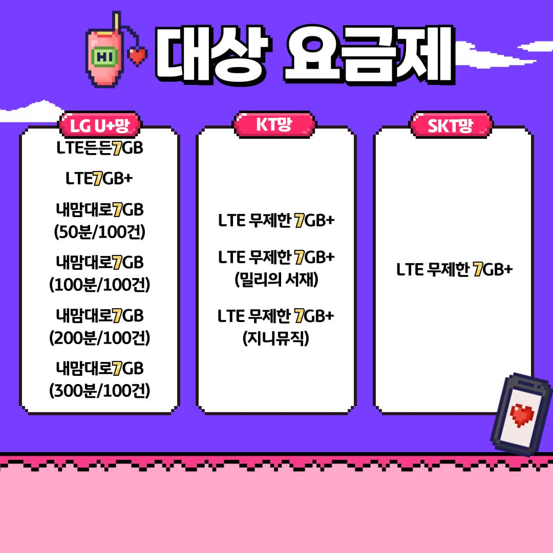 대상요금제 / LG U+망 LTE든든7GB LTE7GB+ 내맘대로7GB(50분/100건) 내맘대로7GB(100분/100건) 내맘대로7GB(200분/100건) 내맘대로7GB(300분/100건) / KT망 LTE 무제한 7GB+ LTE 무제한 7GB+(밀리의서재) LTE 무제한 7GB+ (지니뮤직) / SKT망 LTE 무제한 7GB+