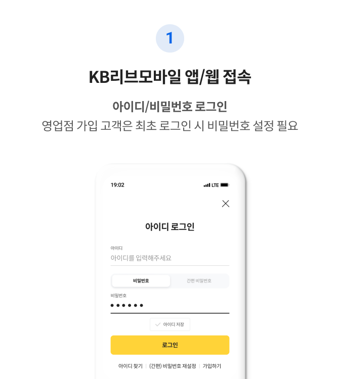 1 KB리브모바일 앱/웹 접속 아이디/비밀번호 로그인 영업점 가입 고객은 최초 로그인 시 비밀번호 설정 필요