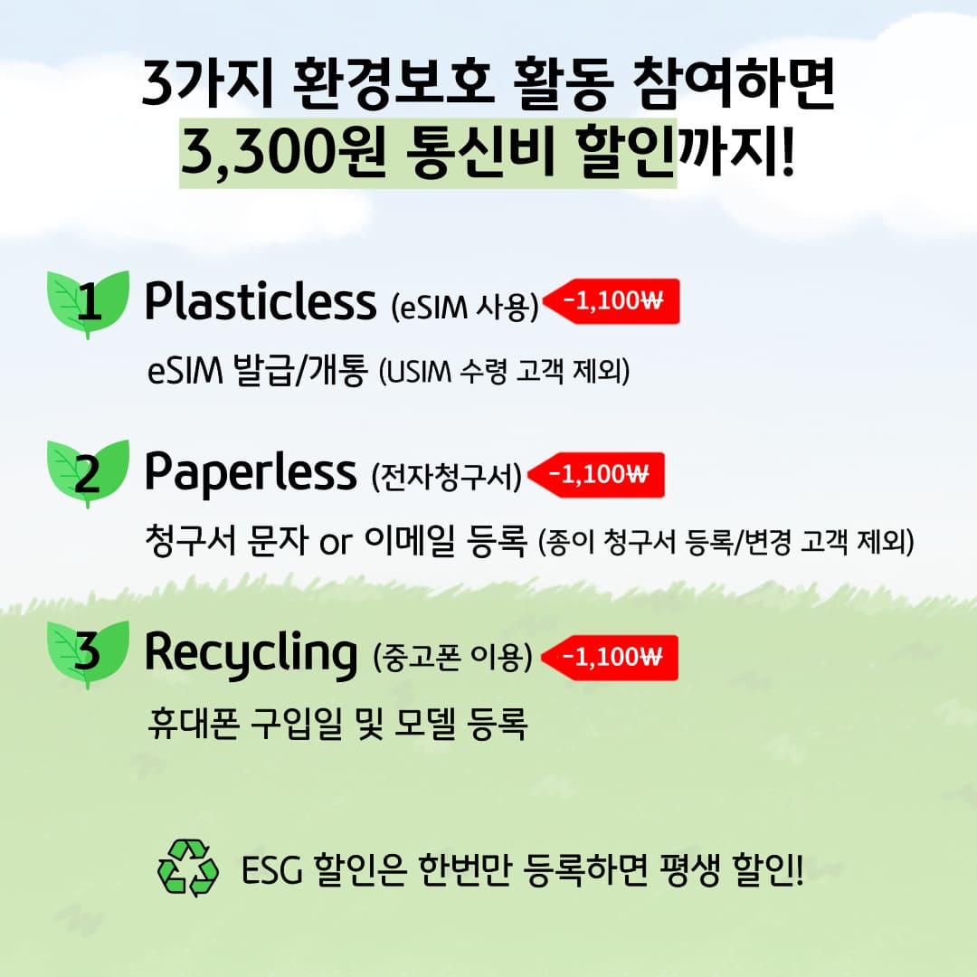 3가지 환경보호 활동 참여하면 3,300원 통신비 할인까지! 첫번째 Plasticless(eSIM 사용) -1,100won ESIM 발급/개통(USIM 수령 고객 제외), 두번째 Paperless(전자청구서) -1,100won 청구서 문자 or 이메일 등록(종이 청구서 등록/변경 고객 제외), 세번째 Recycling(중고폰 이용) -1,100won 휴대폰 구입일 및 모델 등록 ESG 할인은 한번만 등록하면 평생 할인!